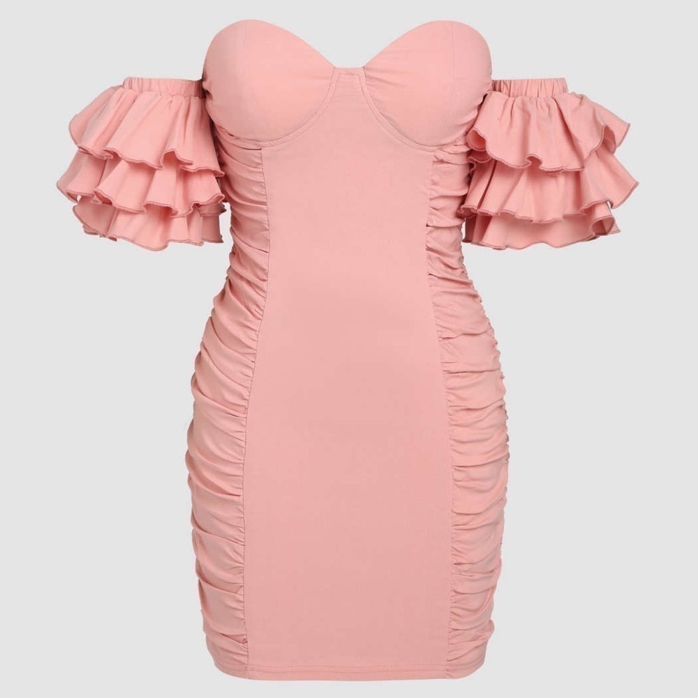 NWT CIDER Pink Ruffle Sleeve Ruched Mini Dress - Picture 6 of 13